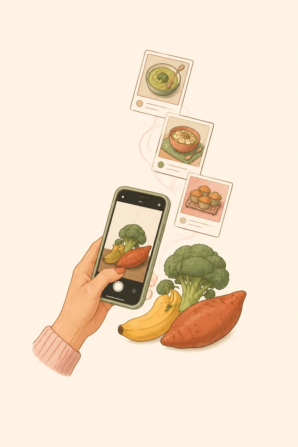 Mão segurando um celular fotografando frutas e legumes na bancada da cozinha