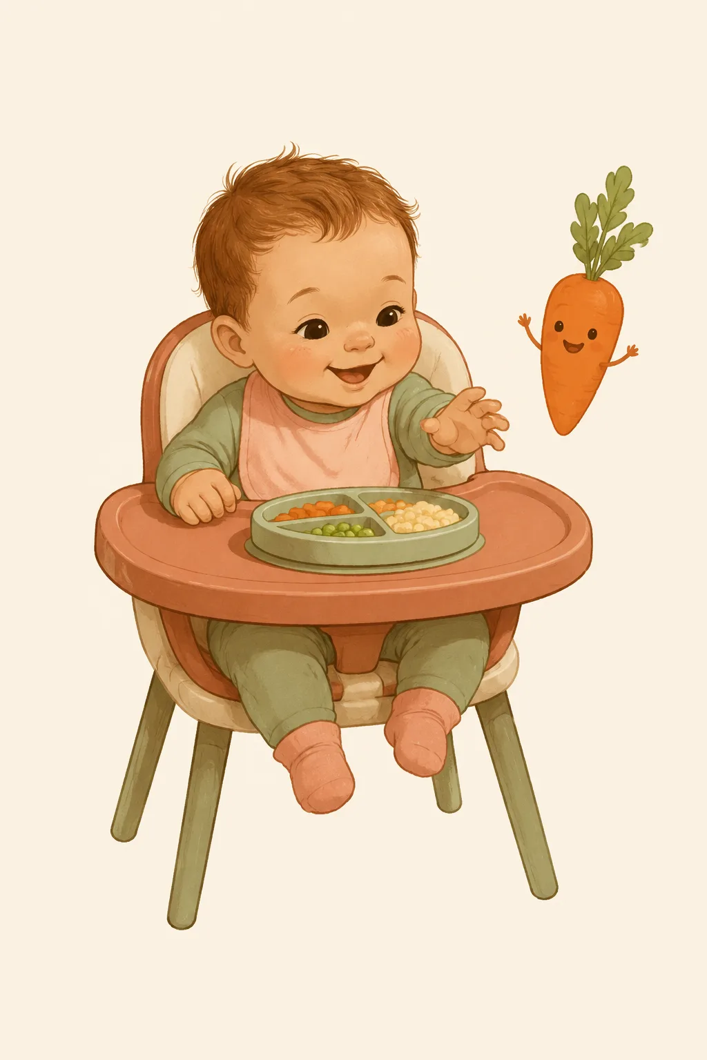 Bebê feliz na cadeirinha alcançando comida saudável, com a cenourinha mascote por perto